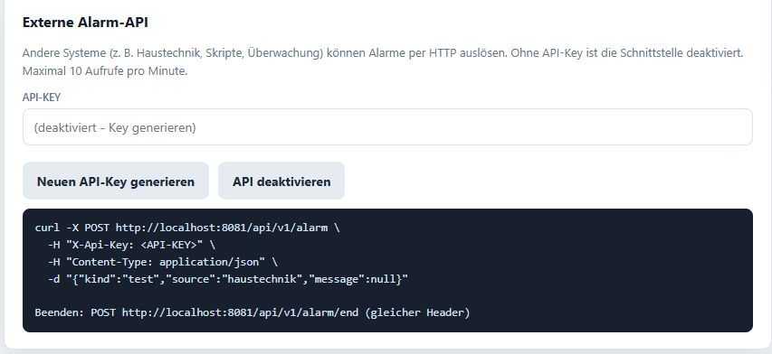 tiimAlert Konfiguration der externen Alarm-API mit curl-Beispiel