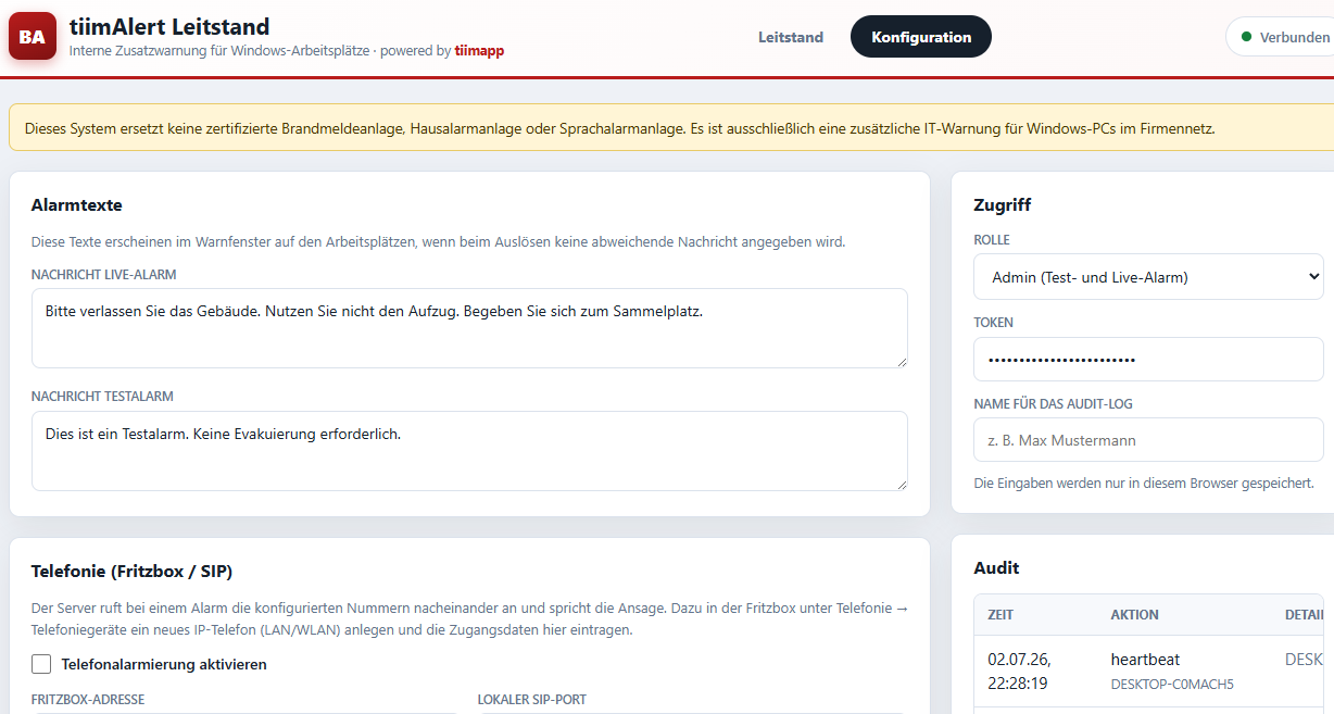 Konfigurationsansicht von tiimAlert mit Alarmtexten und Telefonie