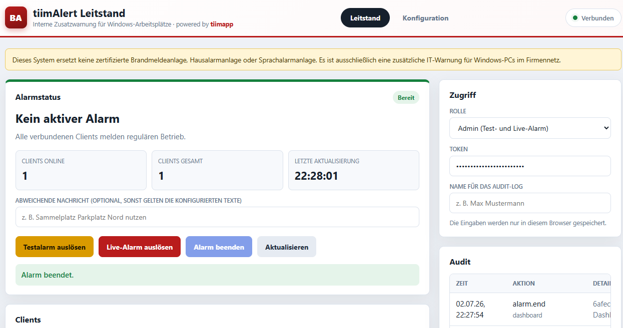 tiimAlert Leitstand mit Alarmstatus, Zugriff und Audit-Log