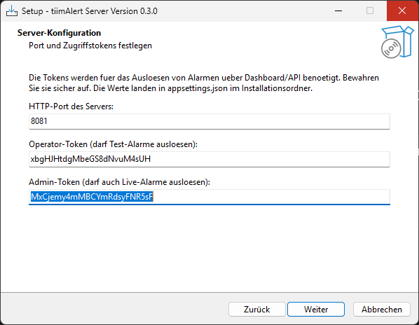 Setup-Dialog von tiimAlert mit Server-Port und Zugriffstoken