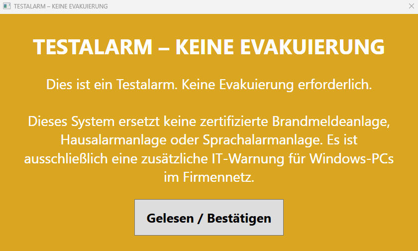 Gelbes tiimAlert Testalarm-Fenster ohne Evakuierung