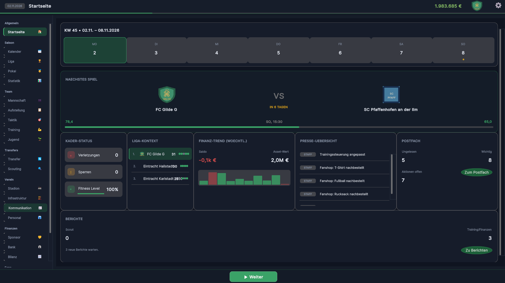 XFM Dashboard mit Spieltag, Kaderstatus, Finanzen und Postfach