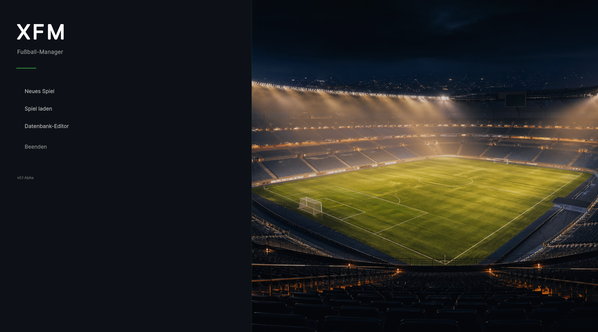 Startmenü des XFM Fußball Managers in einem beleuchteten Stadion