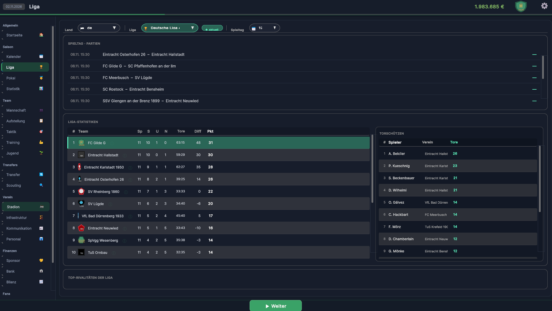 Ligaansicht in XFM mit Spielplan, Tabelle und Torjägern