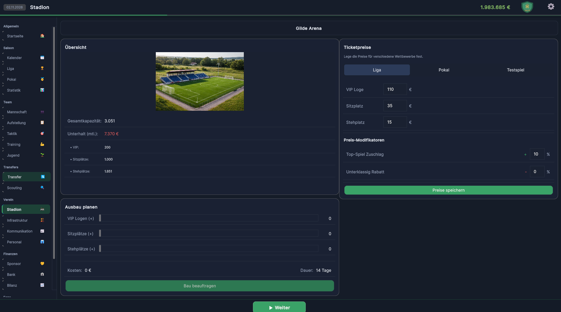 Stadionverwaltung mit Ausbau und Ticketpreisen in XFM